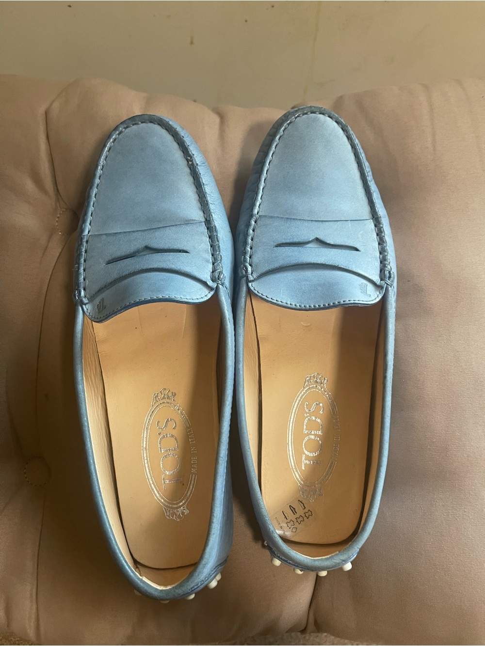 Tod's Blue Leather Slip-On Loafers Logo Studded Comfort Round Toe EU 38